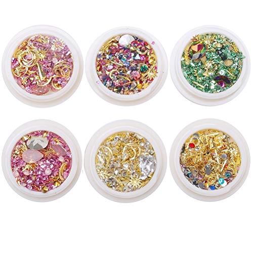 6 Boxes Mixed Nail Art Rhinestones and Nail Rivets Studs, Diamonds Crystals Beads Shiny Rivet Gems for Nail Art Craft 3D Mix-shape Metal Nail Studs Big Gem Nail Decoration Nail Art Supplies