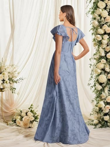 Floral Bridesmaid Dresses Long Square Neck Short Sleeve Formal Evening Gowns with Slit3