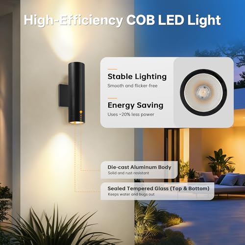 Image of Modern Outdoor Wall Light Fixtures, 2 Pack Integrated COB LED Cylinder Up Down Wall Sconce, 12W 3000K Matte Black Aluminum Waterproof Exterior Porch Lights for House Entryway Garage