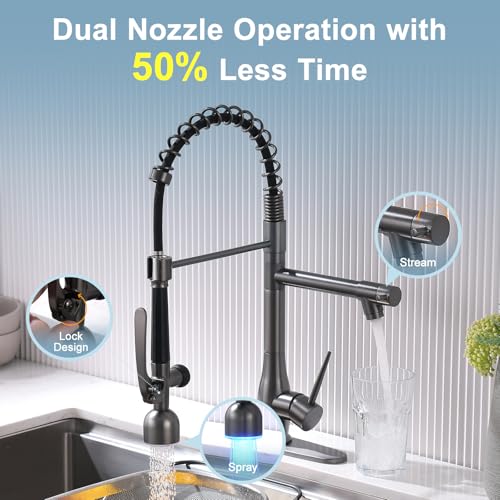 Image of GIMILI Black Stainless Kitchen Faucet with LED Single Handle Kitchen Sink Faucet with Pull Down Sprayer Commercial Double-Headed Stainless Steel Kitchen Faucets Sink with Deck Plate