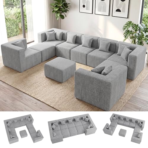Image of MONVANE Oversized Boneless Sectional Couches for Living Room, 10-Seat Cloud Couch, Modular Sofa with Ottoman & 10 Throw Pillows, Comfy Chenille, No Assembly Required, Light Gray