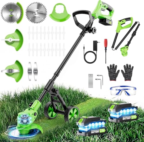 Cordless Weed Wacker with Wheels 4-in-1 4000mAh Battery Powered Stringless Weed Eater Brushless Grass Trimmer with 2 Batteries 3 Blade Adjustable Head Lightweight Lawn Edger Brush Cutter
