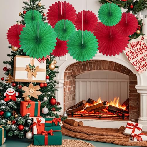 Image of 20 Pcs Red Green Hanging Paper Fan, Hanging Honeycomb Round Paper Fans for Weddings, Birthdays, Christmas, Baby Showers, Classroom, Events Ceiling Party Supplies Decorations