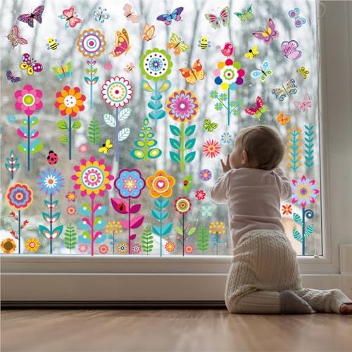 99 Pcs Spring Summer Flower Window Clings, 9 Sheets Double Sided Colorful Window Decals, Window Stickers for Home Classroom Party School Living Room Kids Room Glass Decor
