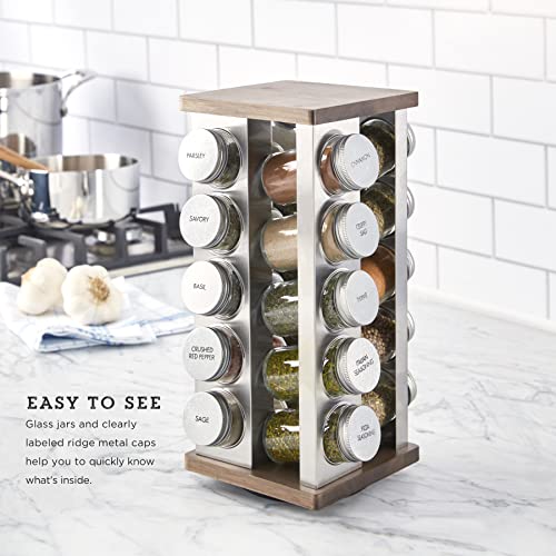 Image of Kamenstein 20 Jar Vintage Revolving Countertop Spice Rack Organizer with Spices Included, FREE Spice Refills for 5 Years, Wood and Stainless Steel with Metal Caps (Pack of 2)