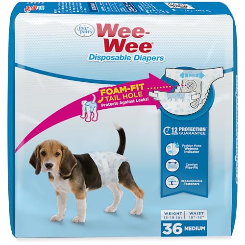Image of Four Paws Wee-Wee Disposable Dog Diapers, Medium, 36 Count | Protects against leaks, dog incontinence, marking, great for puppy training & travel, 15 inch-18 inch waist