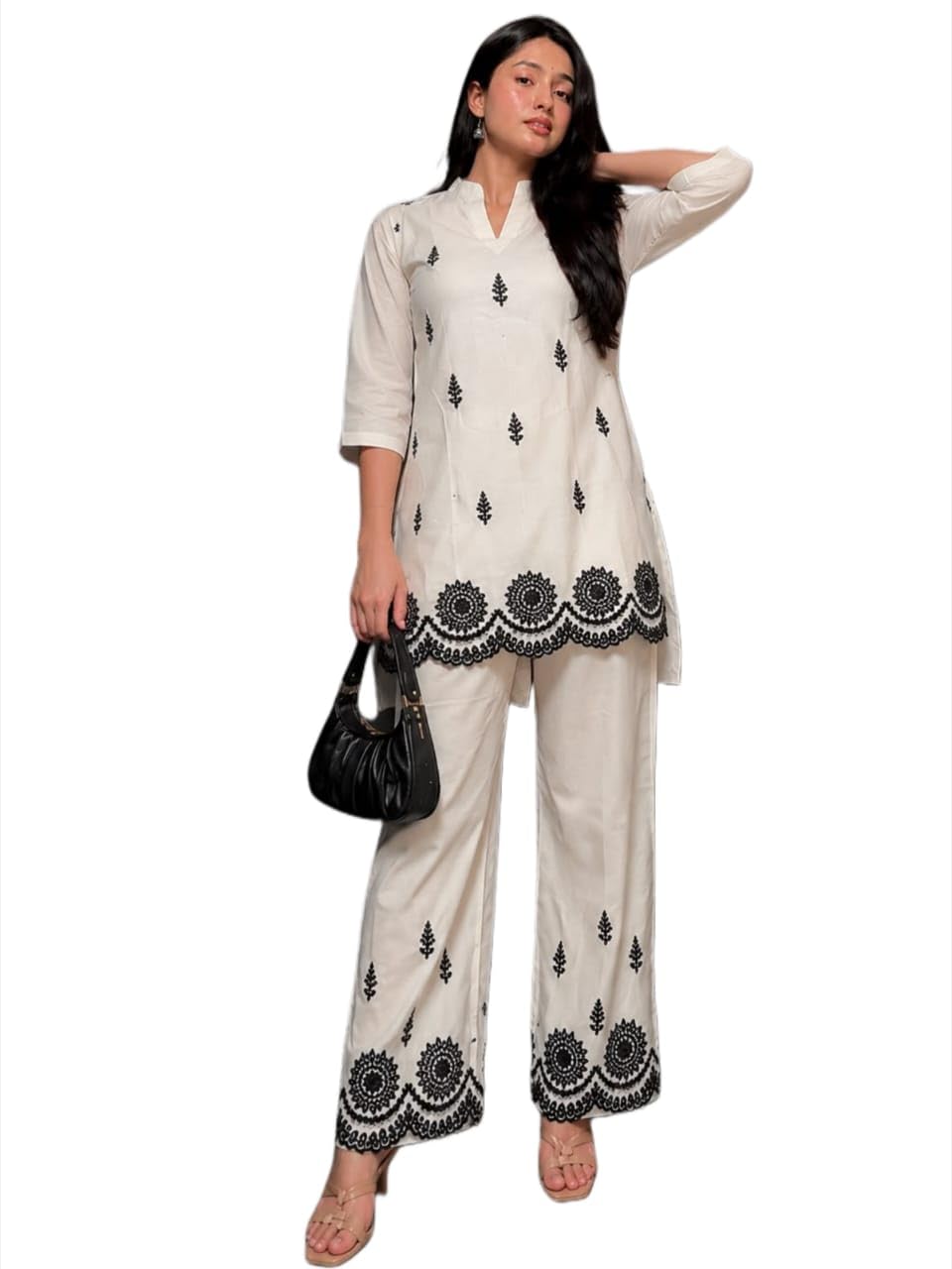 Women's Khadi Cotton Embroidered Kurta Pant Set | 2-Piece Ethnic Outfit | V-Neck 3/4 Sleeve Straight Kurti (Priya)-image-37