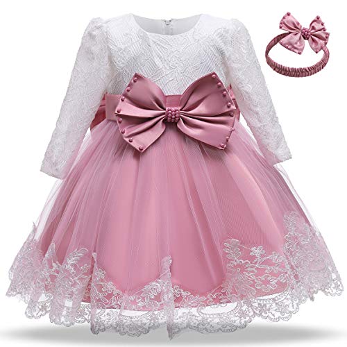 NNJXD Baby Girls Lace Dress Bowknot Flower Dresses Wedding Pageant Baptism Christening Tutu Gown Size (90) 12-18 Months Pink #D