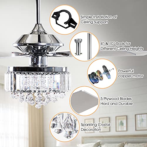 Parrot Uncle Ceiling Fans With Lights And Remote 52 Inch Chandelier Ceiling Fans Crystal Ceiling Fan With Light For Bedroom, Chrome #TOP2