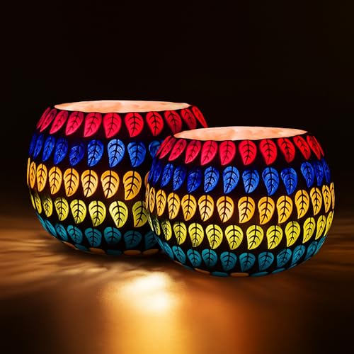 Image of Floryn Decor Morrocan Mosaic Candle Holders | Home Light Decorations Items | Mosaic Glass Tealight Holder | Best lamp for Diwali Decoration | Pack of 2 (with 2 Tealight Candle Free)