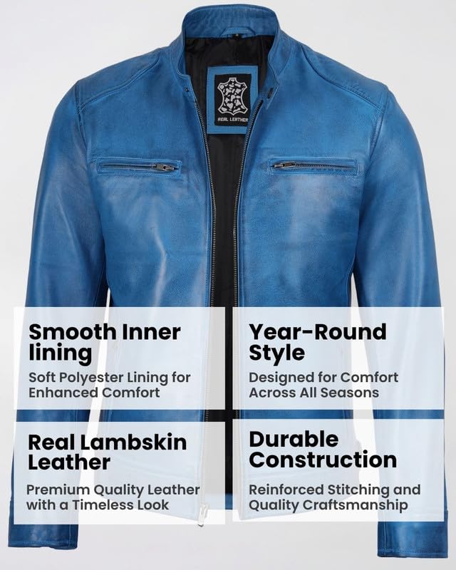 Image of Blingsoul Leather Jacket Men - Real Lambskin Cafe Racer Motorcycle Style Jacket for Mens