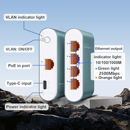 Image of 1 to 4 2.5Gbps Ethernet Splitter with POE Input, 5 Port 2.5G Network Switch with Type-C Power Cable for Cat5 /5e /6 /7 /8 Cable, Aluminum Case, Plug & Play for Router PC ADSL Hub and Switch