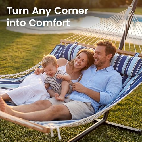 Image of Everyfun 2 Person Hammock with Stand, Heavy Duty Double Cotton Rope Hammock with Removable Quilted Pad & Pillow, 500 LBS Adjustable Steel Frame, Tool-Free, Carry Bag for Outside Patio Yard, Blue