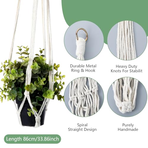 Nogeqi 2 stuks macramé plantenhangers, hangende katoenen touw, hangpot, bloempot, plantenhouder, hanger voor planten met 2 metalen haken voor binnen en buiten, plafond, balkon, wanddecoratie - Afbeelding 3