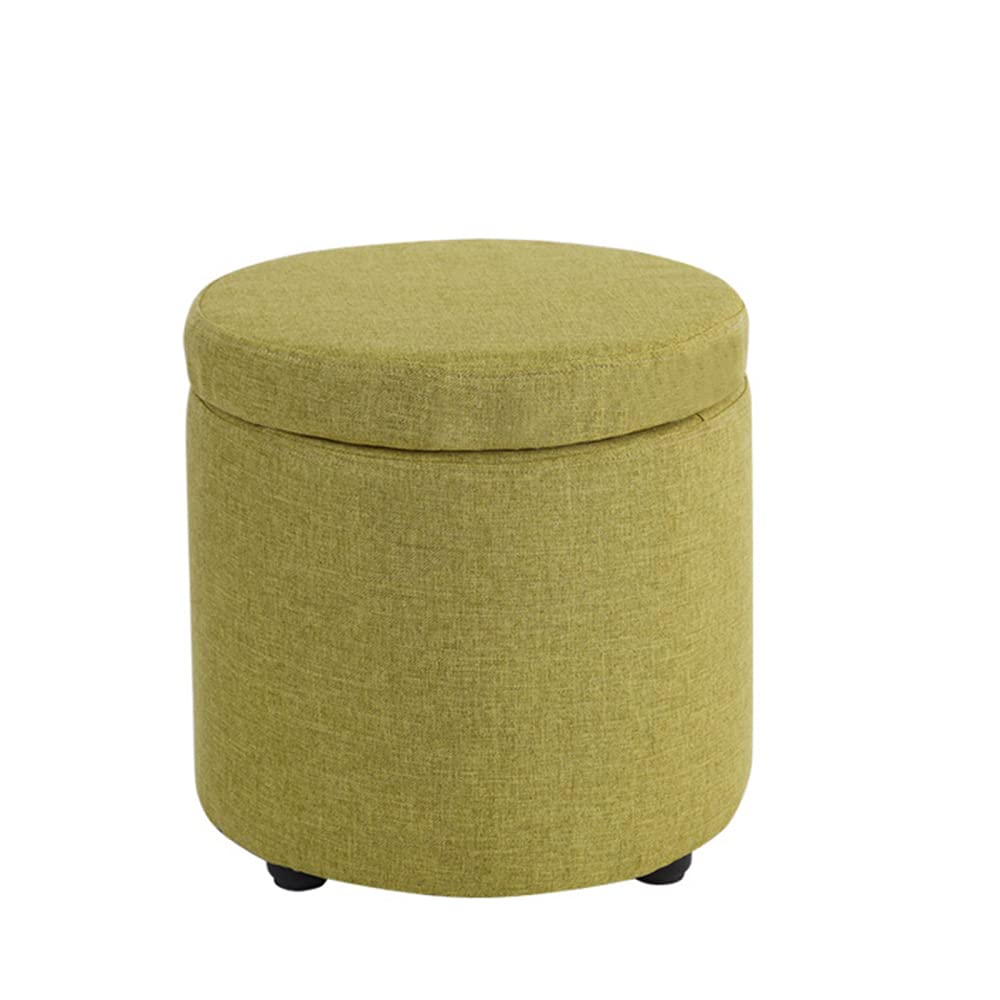 Pouf de rangement rond en lin vert avec pieds en bois massif 32x32 cm