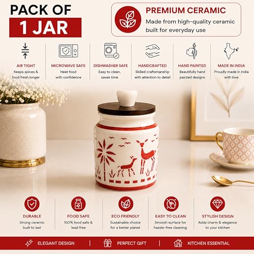 Image of Ceramic Kitchen Jars for Storage | Air Tight Containers with Wooden Lids | Masala, Salt, Pickle, Dry Fruits & Multi Utility Items Organiser Set (Hand-Painted, Red Deer, 450 ML, Pack of 1)
