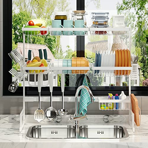 Pusdon Adjustable Dish Drying Rack Over Sink (33"-45") 3 Tier, 2 Cutlery Holders Large Drainer For Kitchen Storage Counter Organization, Stainless Steel Dish Rack Display (Sink Size≤44Inch, White) #TOP5