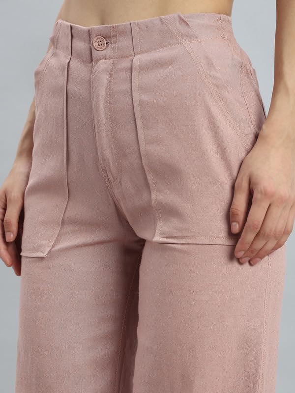 Image of GO COLORS Solid Linen Cargo Pants for Women | Full Length, Mid Rise, Side Pockets
