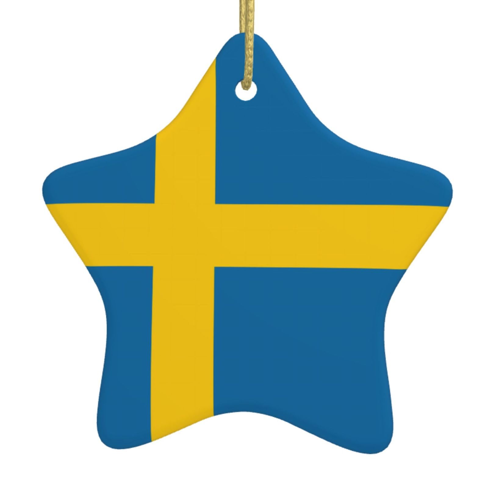 Swedish Flag Christmas Ceramic Star Pendant with Punched Holes and Gold Wire Rope, Christmas Tree Home Decoration