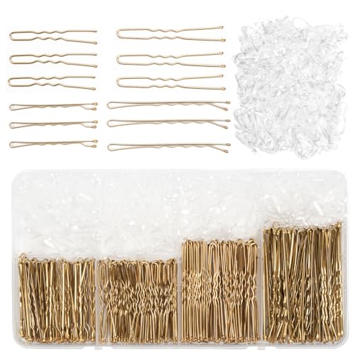 700 Stück Haarnadeln Bobby Pins, 100pcs Metal French U-Haarklammern, 100pcs Hairpin und 500pcs Gummibänder, Haarclips, Hochsteckfrisuren Zubehör Frisuren Zubehör for Girls und Damen Hochzeit(Gold)