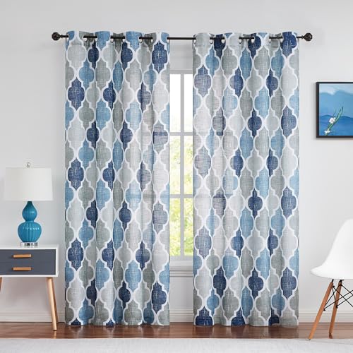 Beauoop Blue Grey Sheer Curtains for Living Room 90 Inch Drop Voile Curtains for Bedroom Geometric Print Linen Textured Curtain for Kitchen Farmhouse Lattice Window Curtain Drapes 2 Panels
