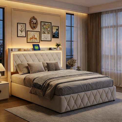 HYNHXBP Lit Coffre 160x200 cm avec éclairage LED et Chargement USB, lit rembourré avec sommier, Tête de lit avec Espace de Rangement, pour Adultes et aux...