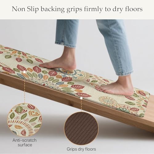 Image of SHREENIDHI Kitchen Floor Mat Set of 2 Rectangular Printed Mats for Sink Stove and Counter Area Placement with Kitchen Theme Geometric and Floral Design Options (Leaf Pattern Mat 1)