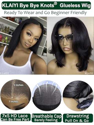 Image of KLAIYI Yaki Straight Bob Wig Human Hair Bye Bye Knots Glueless Precut 7x5Lace Front Wig with Drawstring Pre Plucked Bleached Ready to Wear and Go Wigs for Women Beginner Friendly Pre Everything 12Inch