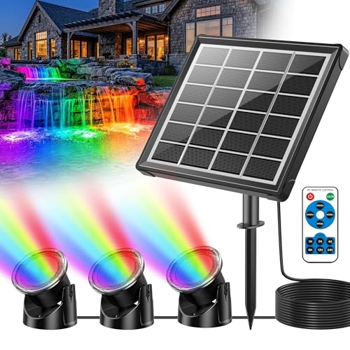 POPOSOAP Solar Pond Lights with RGB Multi-Color, 3W Underwater Solar Lights with Timer & Memory...