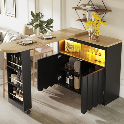 HUIVEYA Sideboard Table de Bar Extensible avec Espace de Rangement 135–205 × 39 × 100 cm Table de Bar Mobile Moderne Portes d'armoires minimalistes à Rayures (Black)