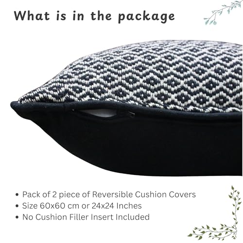 Image of Reversible 24x24 Inch Black Cotton Argyle Woven Pack of 2 Fashion Throw Pillow Covers Cases for Couch Sofa Home Decoration | 60 x 60 cm