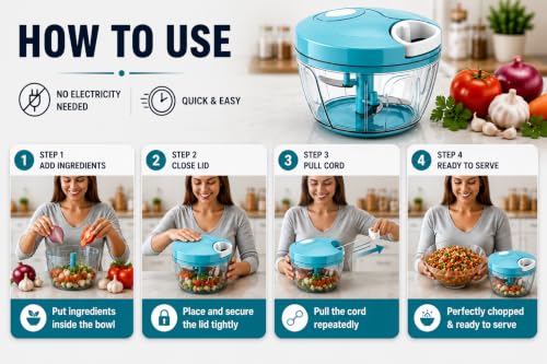 Image of ‎Manual Vegetable Chopper 500ml with 3 Stainless Steel Blades, Kitchen Dori Handy Mini Compact Chopper, Pull Cord Food Chopper for Onion, Tomato, Garlic & Veggies | BPA Free, Easy to Clean