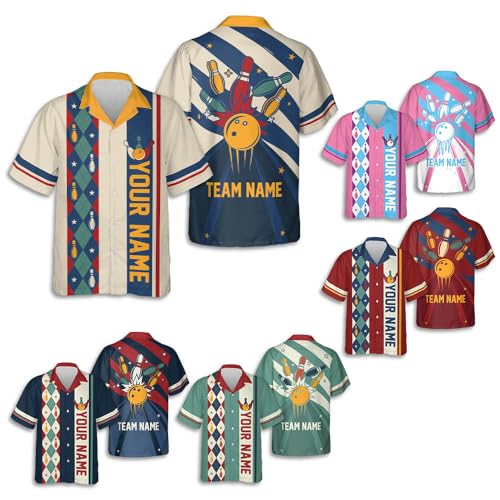 LASFOUR Custom Funny Bowling Shirts for Men Retro, Vintage Bowling Button-Down Short Sleeve Hawaiian Shirt Bowling for Men