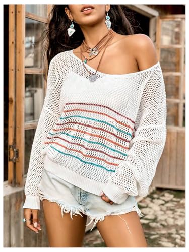 SweatyRocks Women's Hollow Out Striped Loose Sweater Sheer Long Sleeve Crochet Knit Pullover Tops4