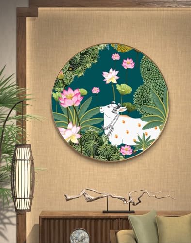 Image of SAF Large Round Pichwai Cow Wall Painting with golden frame Vinyl Sparkle laminated||Home decor Painting,Living Room, Bedroom,Office Room Decor - Painting for Wall Decoration GR-03