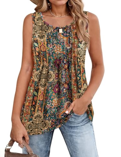 Zeagoo Women's Summer Tank Tops 2025 Pleated Crew Neck Floral Solid Loose Fit Casual Sleeveless Flowy Boho Tunic Shirts