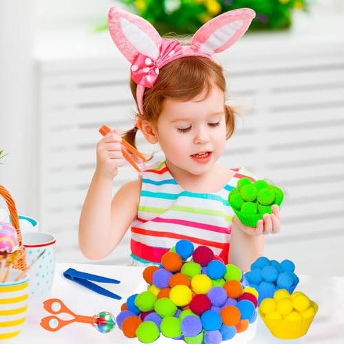 Image of 119Pcs Kid Tweezers fine Motor Skills Set,Helping Hands fine Motor Tool Set，Includes 100 Pcs Pompoms,12 Cups,4 Tweezers,2 Clips,1 Storage Box for Counting Sorting Training