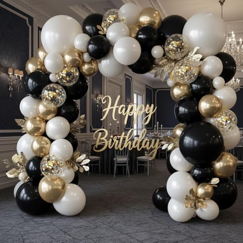 Image of Black and Gold Balloon Arch Garland Kit 150pcs 2026 New Year's, Double Stuffed Pearl Sand White Black Chrome Gold Balloons Arch Kit for Graduation Father's Day Birthday Party Decoration