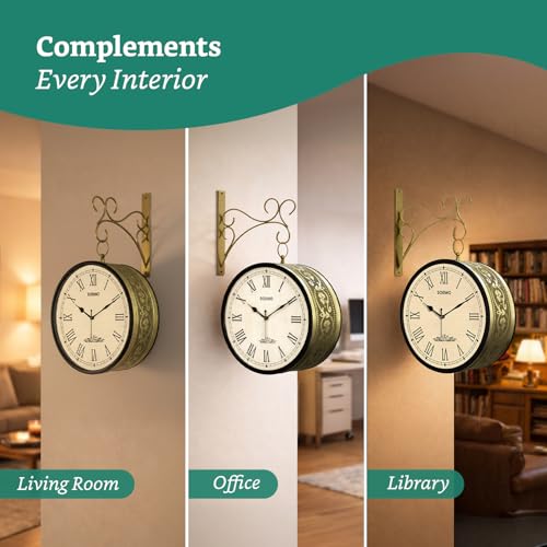 Image of Amazon Brand - Solimo Vintage Station Analog Clock One Side Roman and Other Side Numeral Dial (12 Inch Black with Brass Finish)