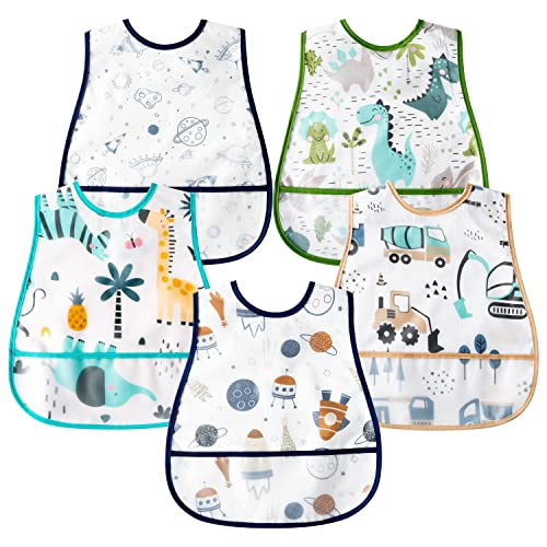 R HORSE 5Pcs Baby Toddler Bibs with Crumb Catcher Pocket & Snap Button Adjustable Waterproof Baby Feeding Bibs for Boys Girls 6-24 Months