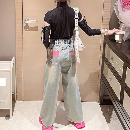 Ripped Denim Jeans for Kids Wide Leg Straight Adjustable High Waisted, Y2k Casual Streetwear Denim Pants for Girls3