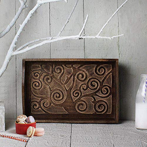 S.B.ARTS Hand Carved Wooden Breakfast Serving Tray-Tree Engraving-Tray for Serving Tea Coffee Snack Dessert-Kitchen Dining ServeWare- Home Decor Accessories-Ideal Gift for Loved One-15.0x10.0 inches
