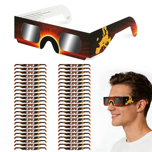 QIWEI Gafas para Eclipse Solar QW-SOZ5 [Pack de 50], Certificadas EN ISO 12312-2, Visores Solares Seguros para Observación Directa del Sol, Filtros de Alta Definición