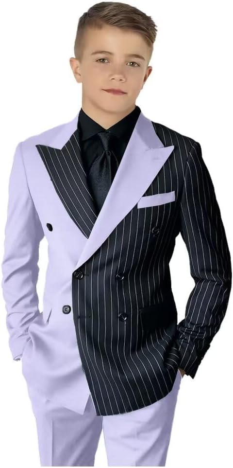 Boys Suit 2 Pieces Black Striped Color Block Kids Tuxedo Casual Double Breasted Blazer Pants for Wedding