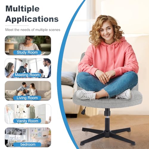 Image of DUMOS Criss Cross Chair No Wheel Legged Office Wide Comfy Desk Vanity Chair, Armless Computer Task Seating Comfy Fabric, Swivel Home Height Adjustable for Bedroom, Study, Grey No Wheel