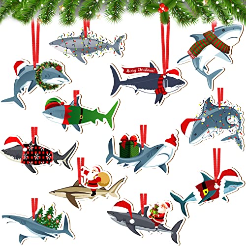 Blulu 12 Pieces Christmas Shark Ornaments Wood Hanging Santa Riding