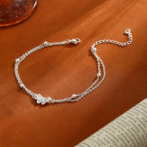 Jikasi Sterling Silver Plated Butterfly Charm Ankle Bracelets for Women - Layered Beaded Beach Jewelry with Simulated Diamonds - Image 6