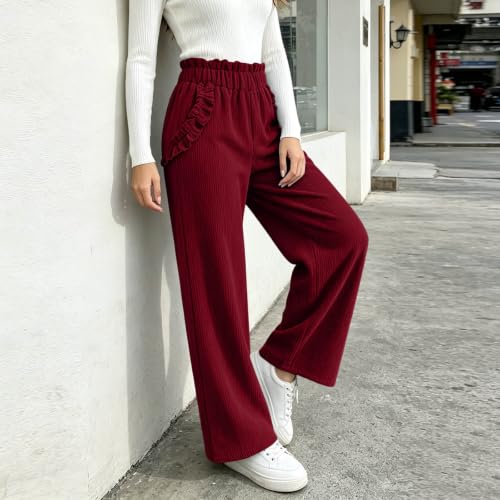Women Ruffled High‑Waist Corduroy Straight‑Leg Pants Loose Casual Trousers - image 7