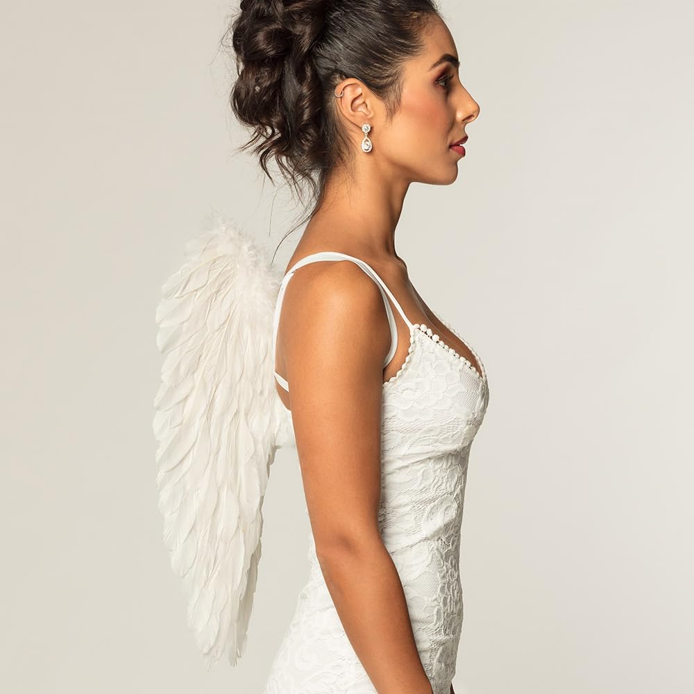 Angel Fairy Wings Costume Fancy Dress Large Black/ White/ Red/Rainbow/Pink Deluxe Real Feathers WINGS/ feather BOAS/ HALO (White Wing) - Image 2
