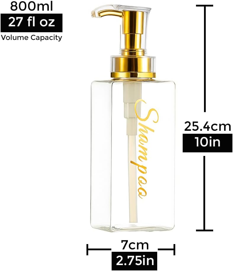 Shampoo and Conditioner Dispenser - Essentials Toiletry Bottles - Shower Refillable Shampoo and Body Wash Soap Pump Bottle – 3X 27oz Bulk/Salon Size Containers - Clear All Gold 1 Square
